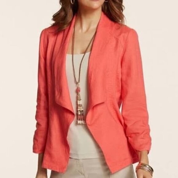 Chicos 2 Linen Coral Jacket Blazer Ruched Sleeve Collared Long Lapel Size 2 - Picture 1 of 9